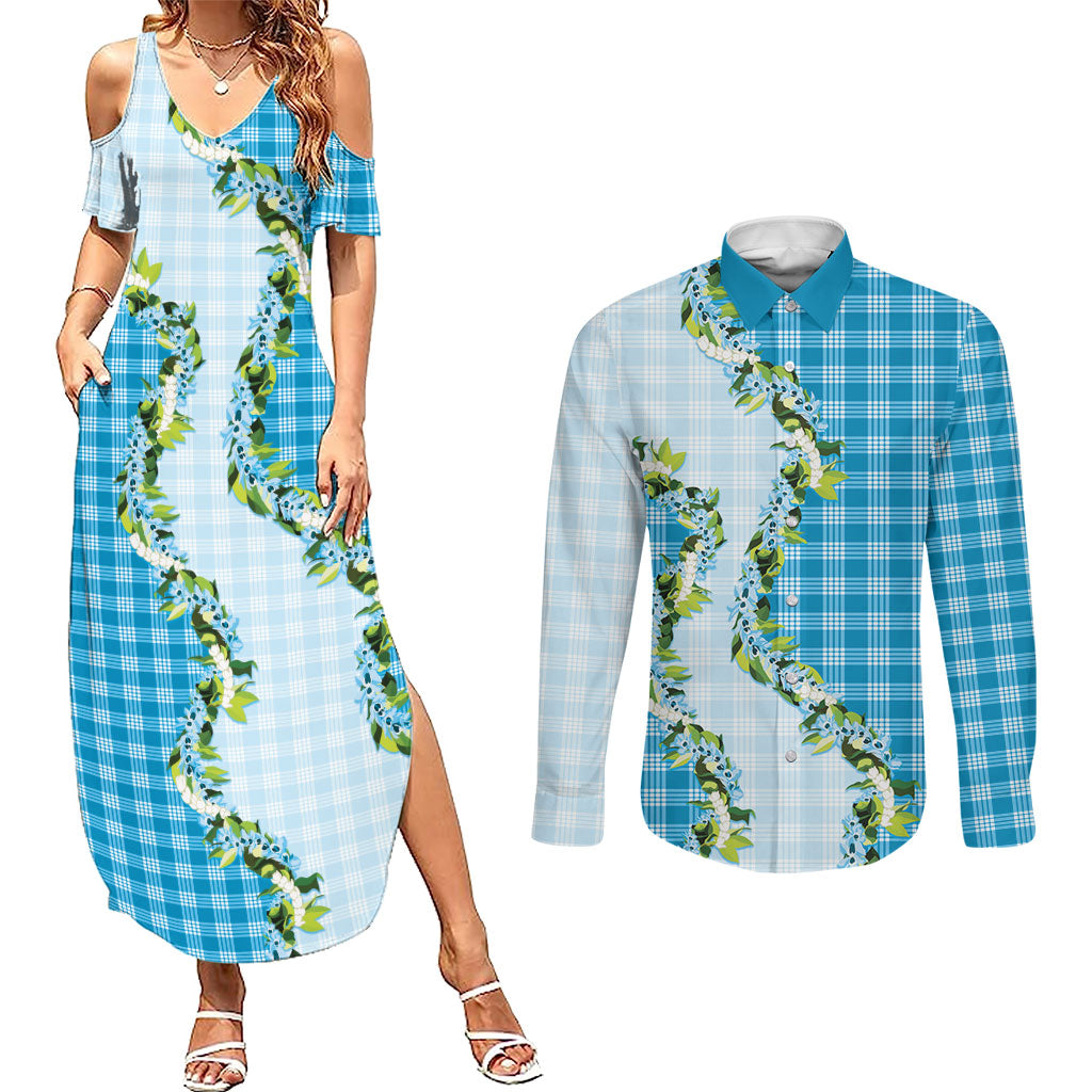 Blue Hawaii Palaka Couples Matching Summer Maxi Dress and Long Sleeve Button Shirt Maile Pikake Honohono Orchid Lei