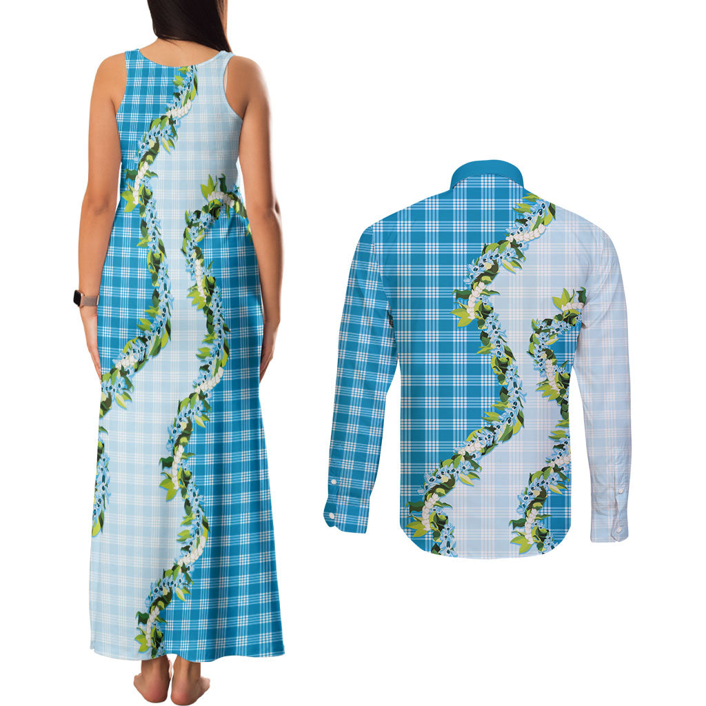 Blue Hawaii Palaka Couples Matching Tank Maxi Dress and Long Sleeve Button Shirt Maile Pikake Honohono Orchid Lei