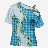 Blue Hawaii Palaka Cross Shoulder Shirt Maile Pikake Honohono Orchid Lei LT05 Female Blue - Polynesian Pride