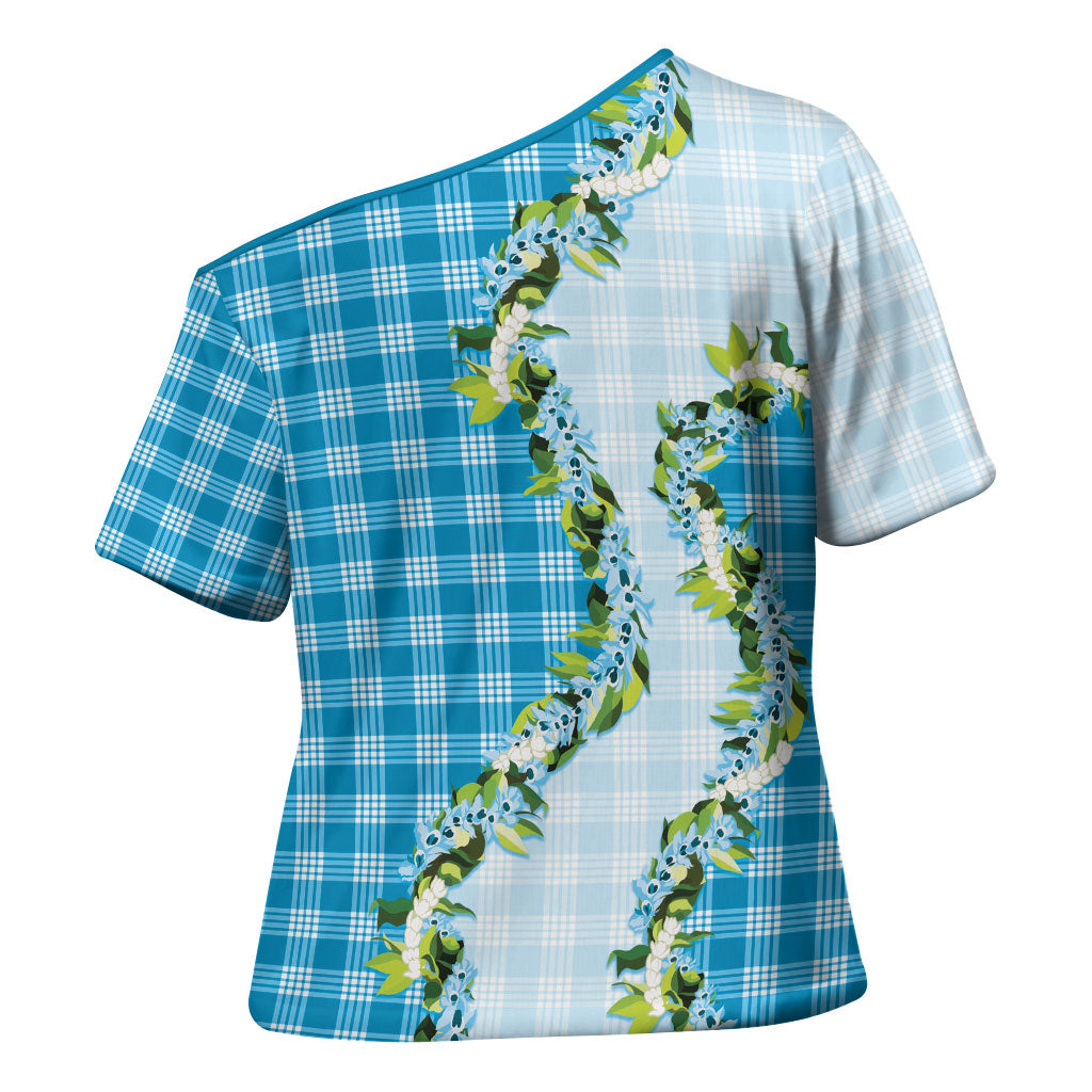 Blue Hawaii Palaka Cross Shoulder Shirt Maile Pikake Honohono Orchid Lei LT05 - Polynesian Pride