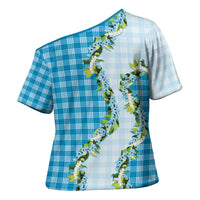 Blue Hawaii Palaka Cross Shoulder Shirt Maile Pikake Honohono Orchid Lei LT05 - Polynesian Pride