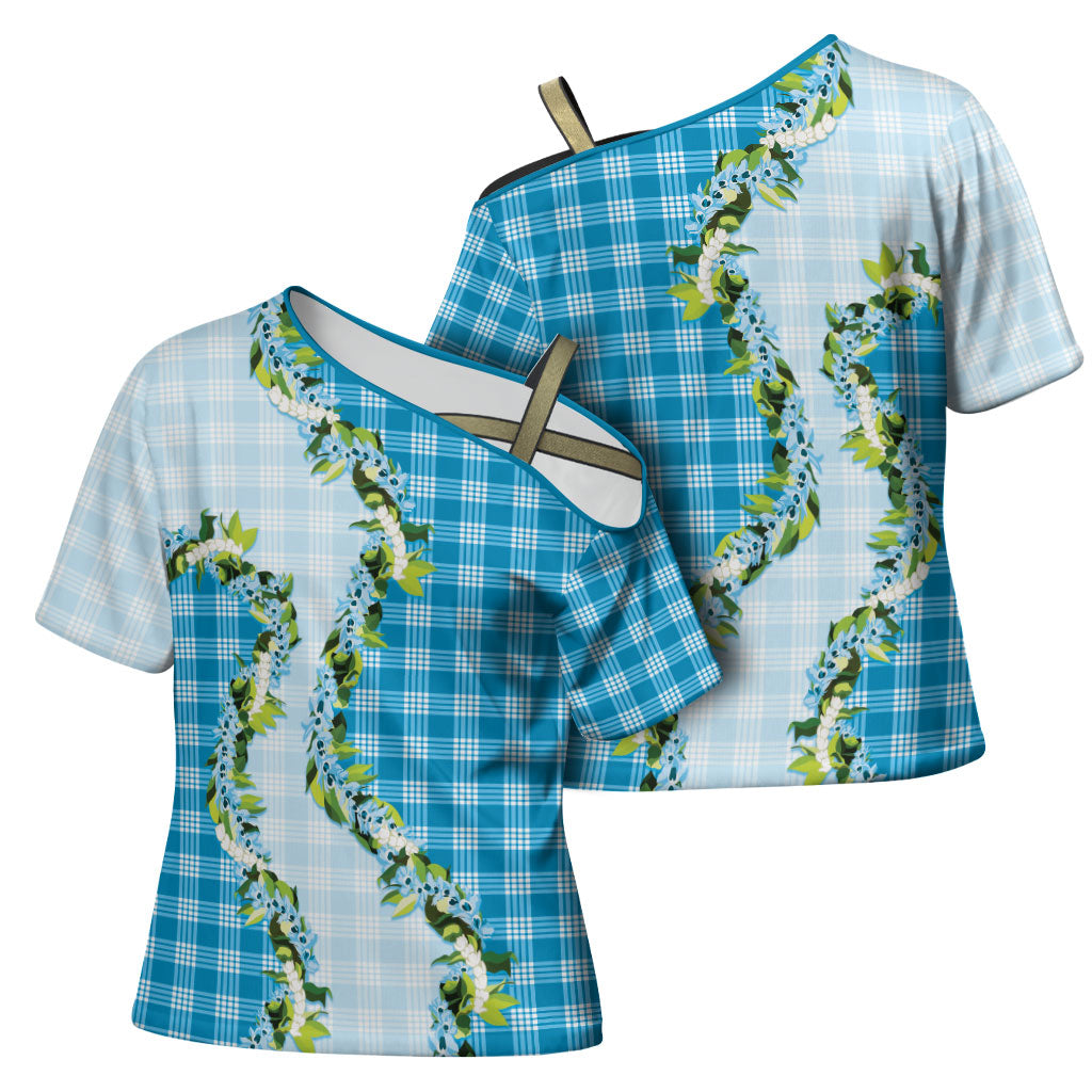 Blue Hawaii Palaka Cross Shoulder Shirt Maile Pikake Honohono Orchid Lei LT05 - Polynesian Pride