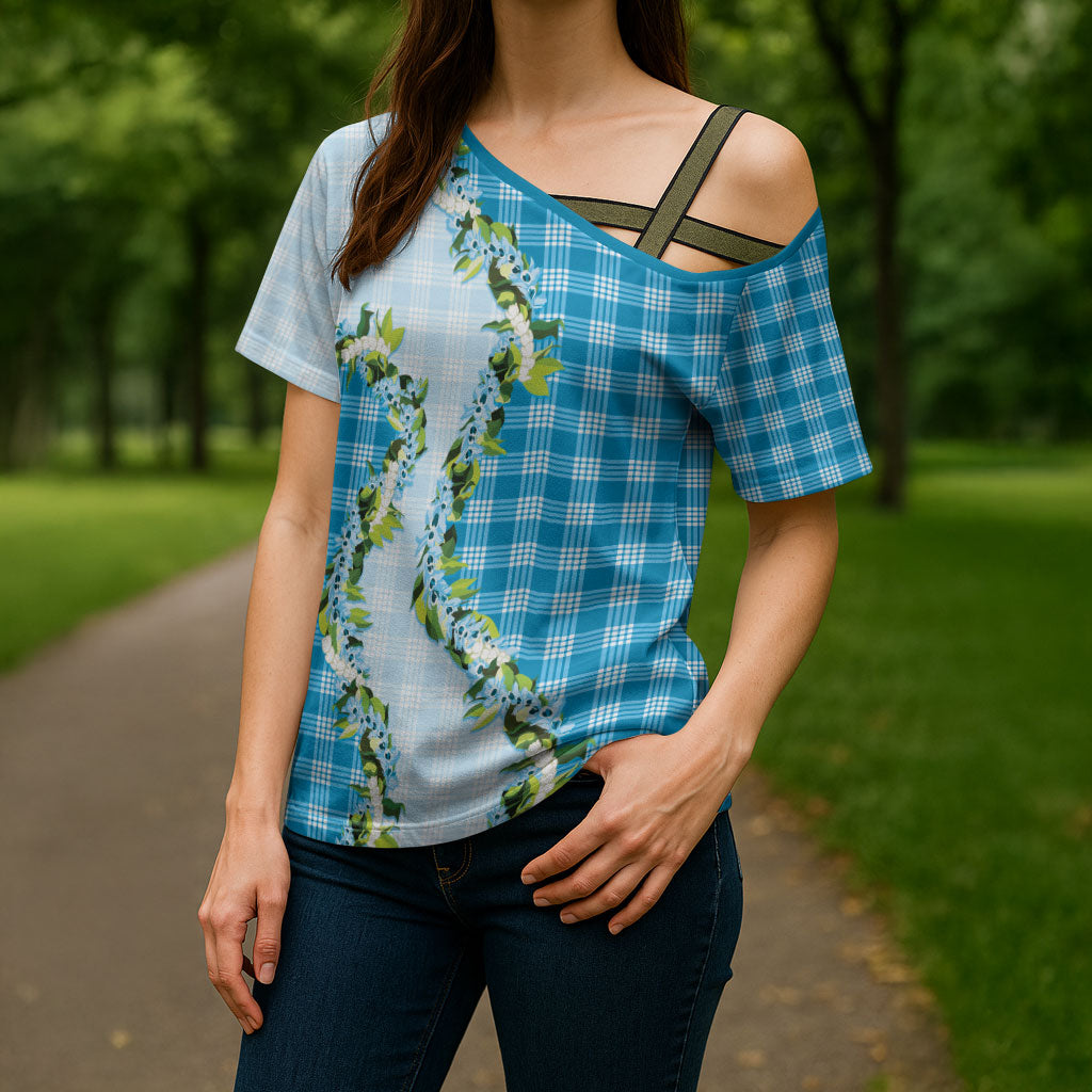 Blue Hawaii Palaka Cross Shoulder Shirt Maile Pikake Honohono Orchid Lei LT05 - Polynesian Pride
