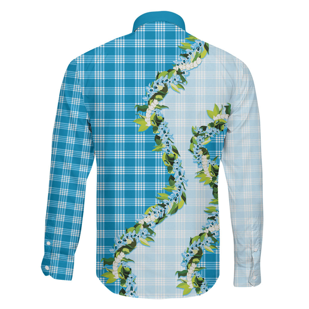 Blue Hawaii Palaka Family Matching Long Sleeve Bodycon Dress and Hawaiian Shirt Maile Pikake Honohono Orchid Lei