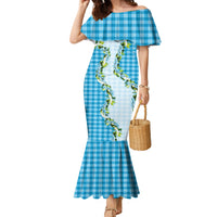 Blue Hawaii Palaka Family Matching Mermaid Dress and Hawaiian Shirt Maile Pikake Honohono Orchid Lei