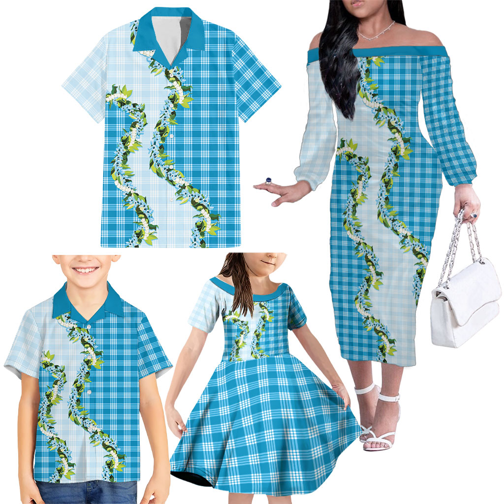 Blue Hawaii Palaka Family Matching Off The Shoulder Long Sleeve Dress and Hawaiian Shirt Maile Pikake Honohono Orchid Lei LT05 - Polynesian Pride