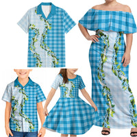Blue Hawaii Palaka Family Matching Off Shoulder Maxi Dress and Hawaiian Shirt Maile Pikake Honohono Orchid Lei LT05 - Polynesian Pride