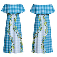 Blue Hawaii Palaka Family Matching Off Shoulder Maxi Dress and Hawaiian Shirt Maile Pikake Honohono Orchid Lei LT05 Mom's Dress Blue - Polynesian Pride