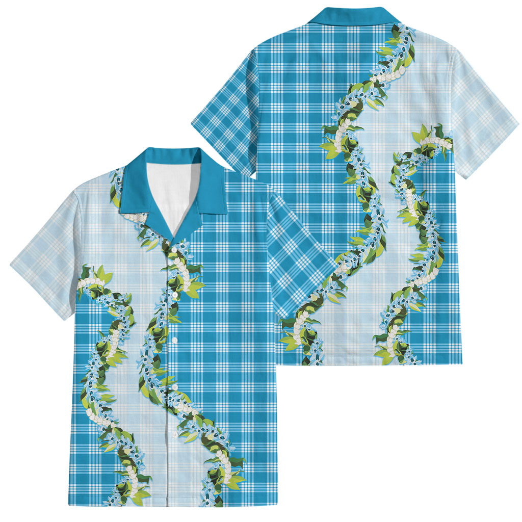 Blue Hawaii Palaka Family Matching Off Shoulder Maxi Dress and Hawaiian Shirt Maile Pikake Honohono Orchid Lei LT05 Dad's Shirt - Short Sleeve Blue - Polynesian Pride