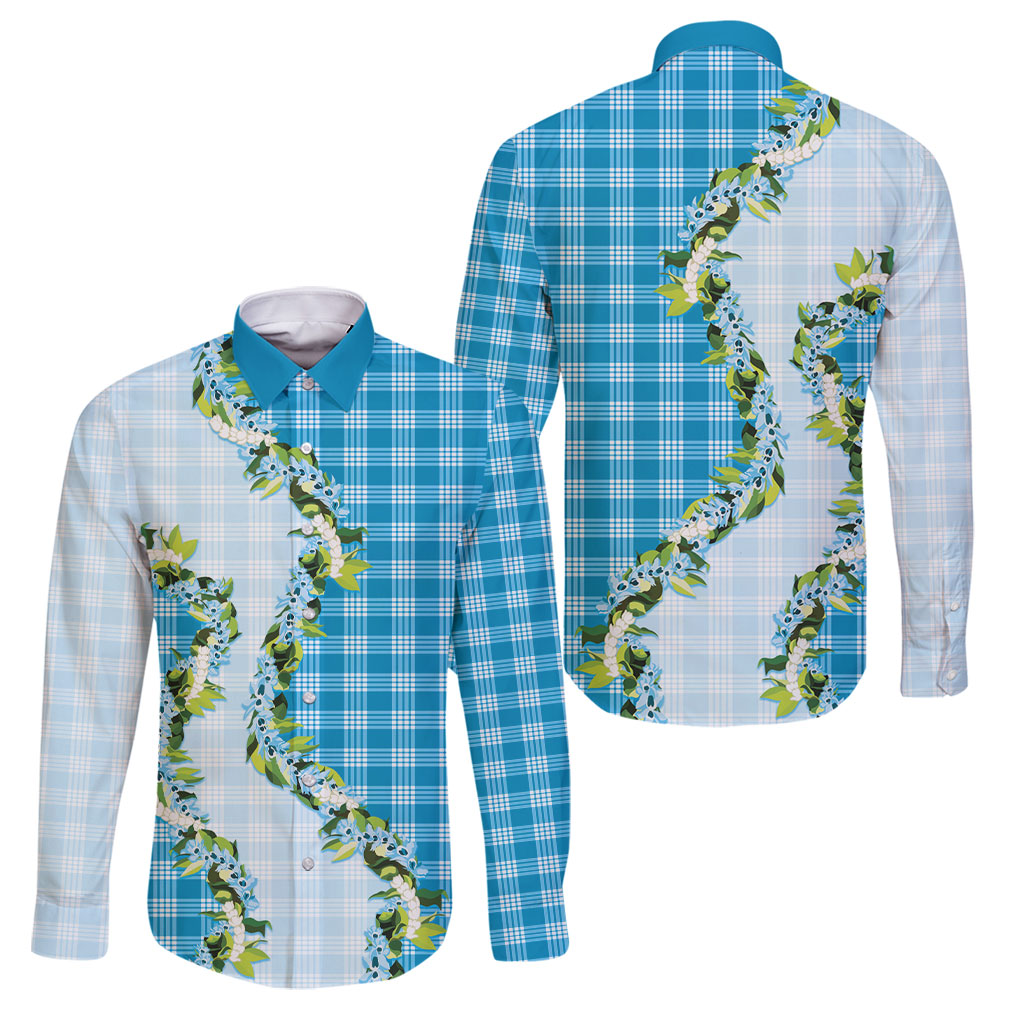 Blue Hawaii Palaka Family Matching Off Shoulder Maxi Dress and Hawaiian Shirt Maile Pikake Honohono Orchid Lei LT05 Dad's Shirt - Long Sleeve Blue - Polynesian Pride