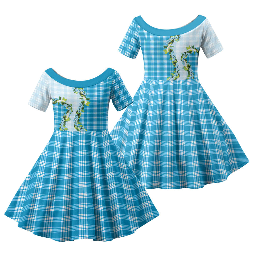 Blue Hawaii Palaka Family Matching Off Shoulder Maxi Dress and Hawaiian Shirt Maile Pikake Honohono Orchid Lei LT05 Daughter's Dress Blue - Polynesian Pride