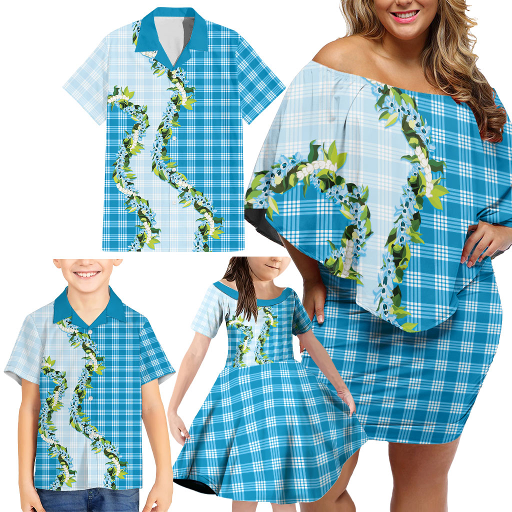 Blue Hawaii Palaka Family Matching Off Shoulder Short Dress and Hawaiian Shirt Maile Pikake Honohono Orchid Lei LT05 - Polynesian Pride