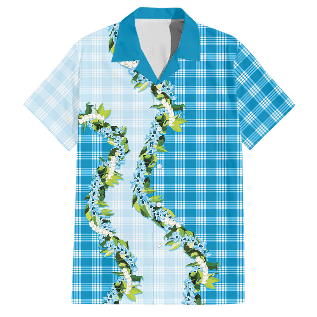 Blue Hawaii Palaka Family Matching Off Shoulder Short Dress and Hawaiian Shirt Maile Pikake Honohono Orchid Lei