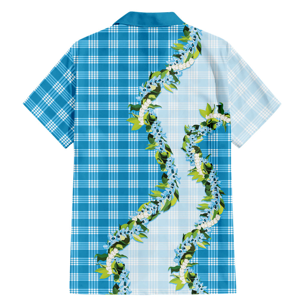 Blue Hawaii Palaka Family Matching Off Shoulder Short Dress and Hawaiian Shirt Maile Pikake Honohono Orchid Lei