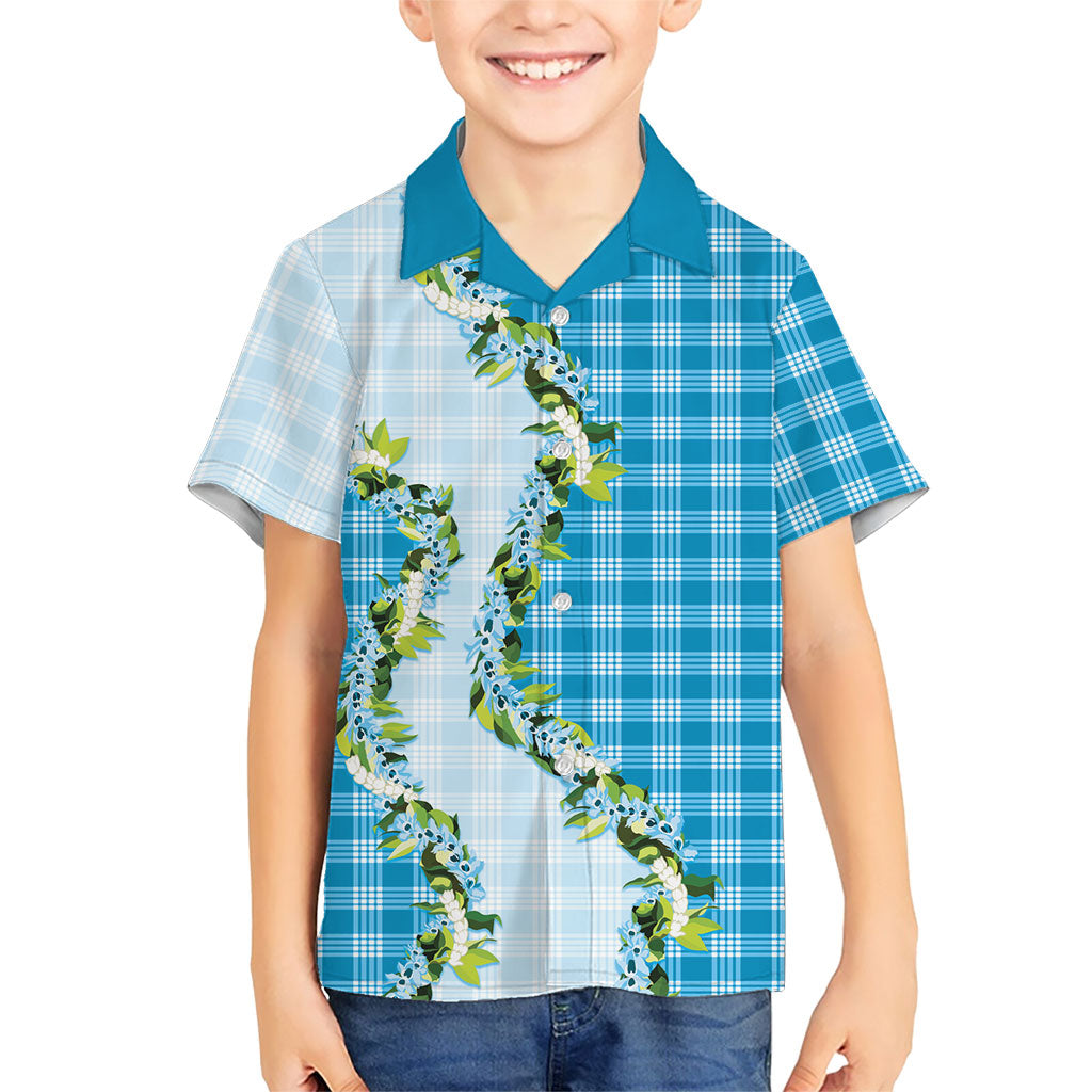 Blue Hawaii Palaka Family Matching Puletasi and Hawaiian Shirt Maile Pikake Honohono Orchid Lei