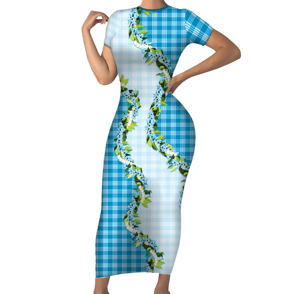 Blue Hawaii Palaka Family Matching Short Sleeve Bodycon Dress and Hawaiian Shirt Maile Pikake Honohono Orchid Lei