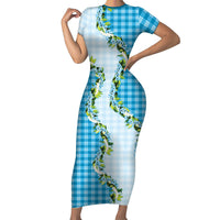Blue Hawaii Palaka Family Matching Short Sleeve Bodycon Dress and Hawaiian Shirt Maile Pikake Honohono Orchid Lei