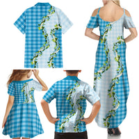 Blue Hawaii Palaka Family Matching Summer Maxi Dress and Hawaiian Shirt Maile Pikake Honohono Orchid Lei