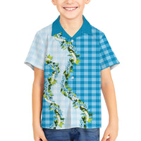 Blue Hawaii Palaka Family Matching Summer Maxi Dress and Hawaiian Shirt Maile Pikake Honohono Orchid Lei