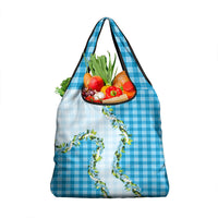 Blue Hawaii Palaka Grocery Bag Maile Pikake Honohono Orchid Lei