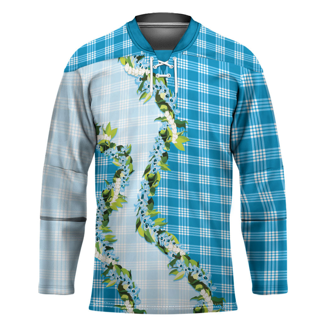 Blue Hawaii Palaka Hockey Jersey Maile Pikake Honohono Orchid Lei LT05 Unisex Blue - Polynesian Pride