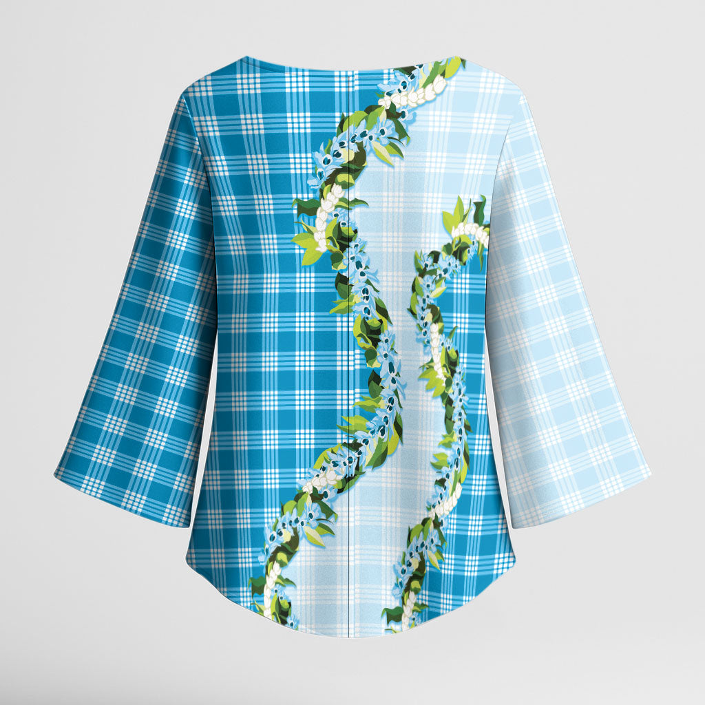 Blue Hawaii Palaka Kimono Sleeve Blouse Maile Pikake Honohono Orchid Lei LT05 - Polynesian Pride