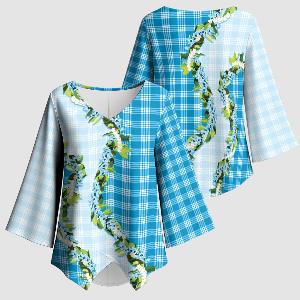 Blue Hawaii Palaka Kimono Sleeve Blouse Maile Pikake Honohono Orchid Lei LT05 - Polynesian Pride