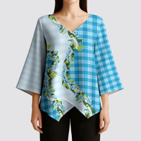 Blue Hawaii Palaka Kimono Sleeve Blouse Maile Pikake Honohono Orchid Lei LT05 - Polynesian Pride