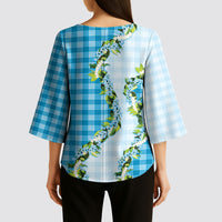 Blue Hawaii Palaka Kimono Sleeve Blouse Maile Pikake Honohono Orchid Lei LT05 - Polynesian Pride
