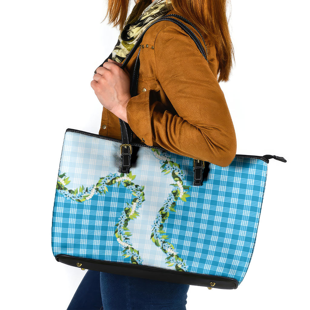 Blue Hawaii Palaka Leather Tote Bag Maile Pikake Honohono Orchid Lei LT05 Blue - Polynesian Pride