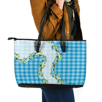 Blue Hawaii Palaka Leather Tote Bag Maile Pikake Honohono Orchid Lei