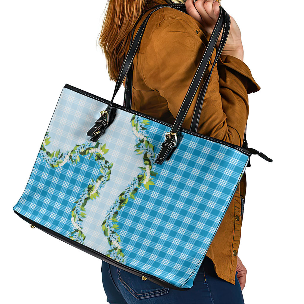 Blue Hawaii Palaka Leather Tote Bag Maile Pikake Honohono Orchid Lei