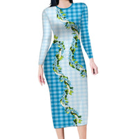 Blue Hawaii Palaka Long Sleeve Bodycon Dress Maile Pikake Honohono Orchid Lei