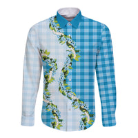 Blue Hawaii Palaka Long Sleeve Button Shirt Maile Pikake Honohono Orchid Lei