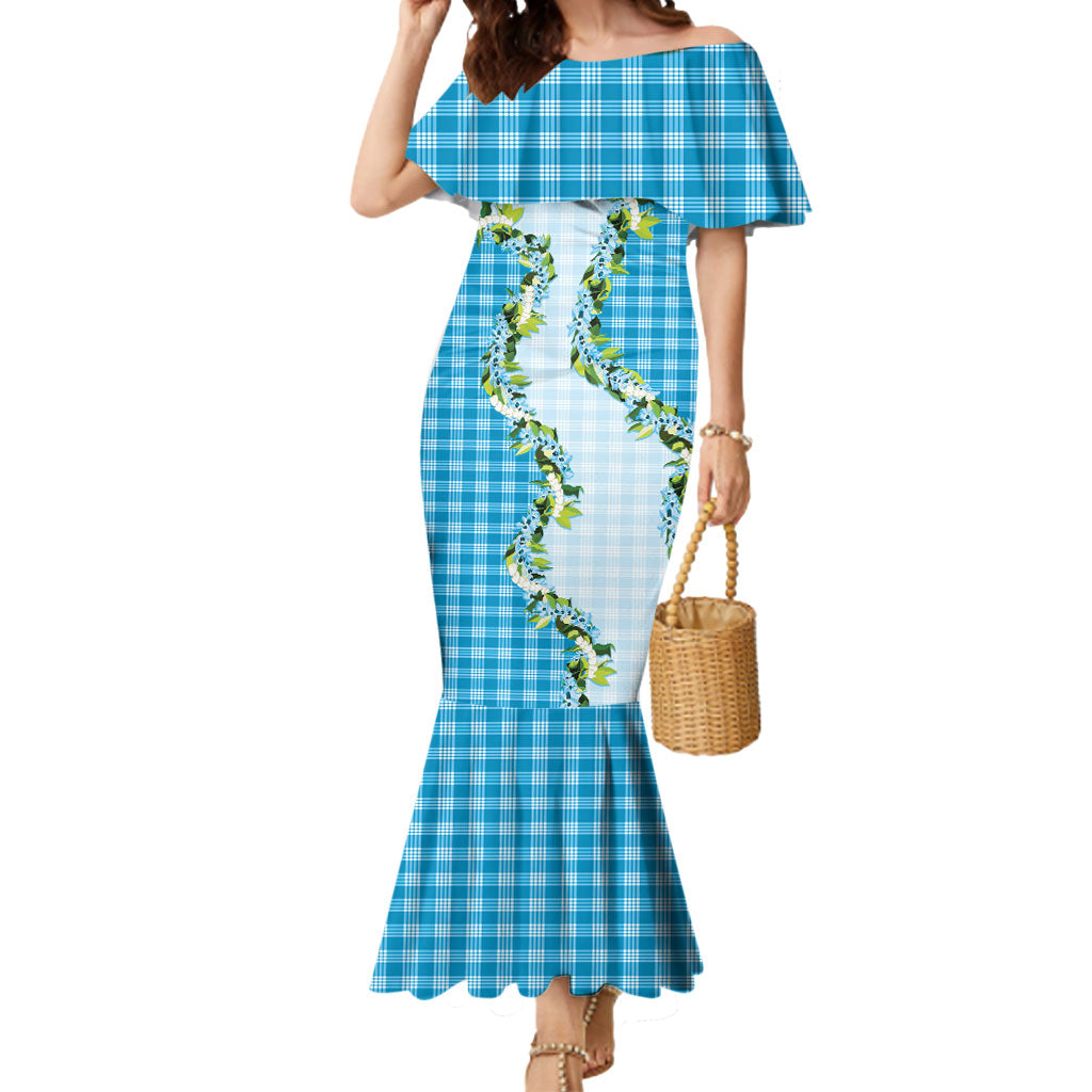 Blue Hawaii Palaka Mermaid Dress Maile Pikake Honohono Orchid Lei LT05 Women Blue - Polynesian Pride