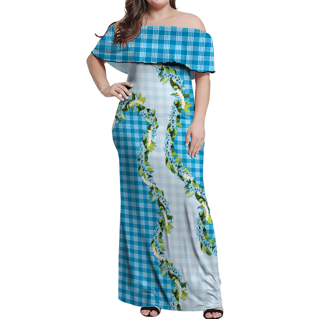 Blue Hawaii Palaka Off Shoulder Maxi Dress Maile Pikake Honohono Orchid Lei LT05 Women Blue - Polynesian Pride