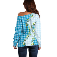Blue Hawaii Palaka Off Shoulder Sweater Maile Pikake Honohono Orchid Lei