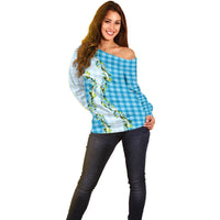 Blue Hawaii Palaka Off Shoulder Sweater Maile Pikake Honohono Orchid Lei