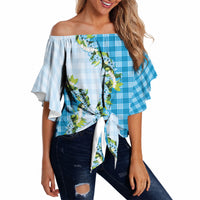 Blue Hawaii Palaka Off Shoulder Wrap Waist Top Maile Pikake Honohono Orchid Lei LT05 - Polynesian Pride