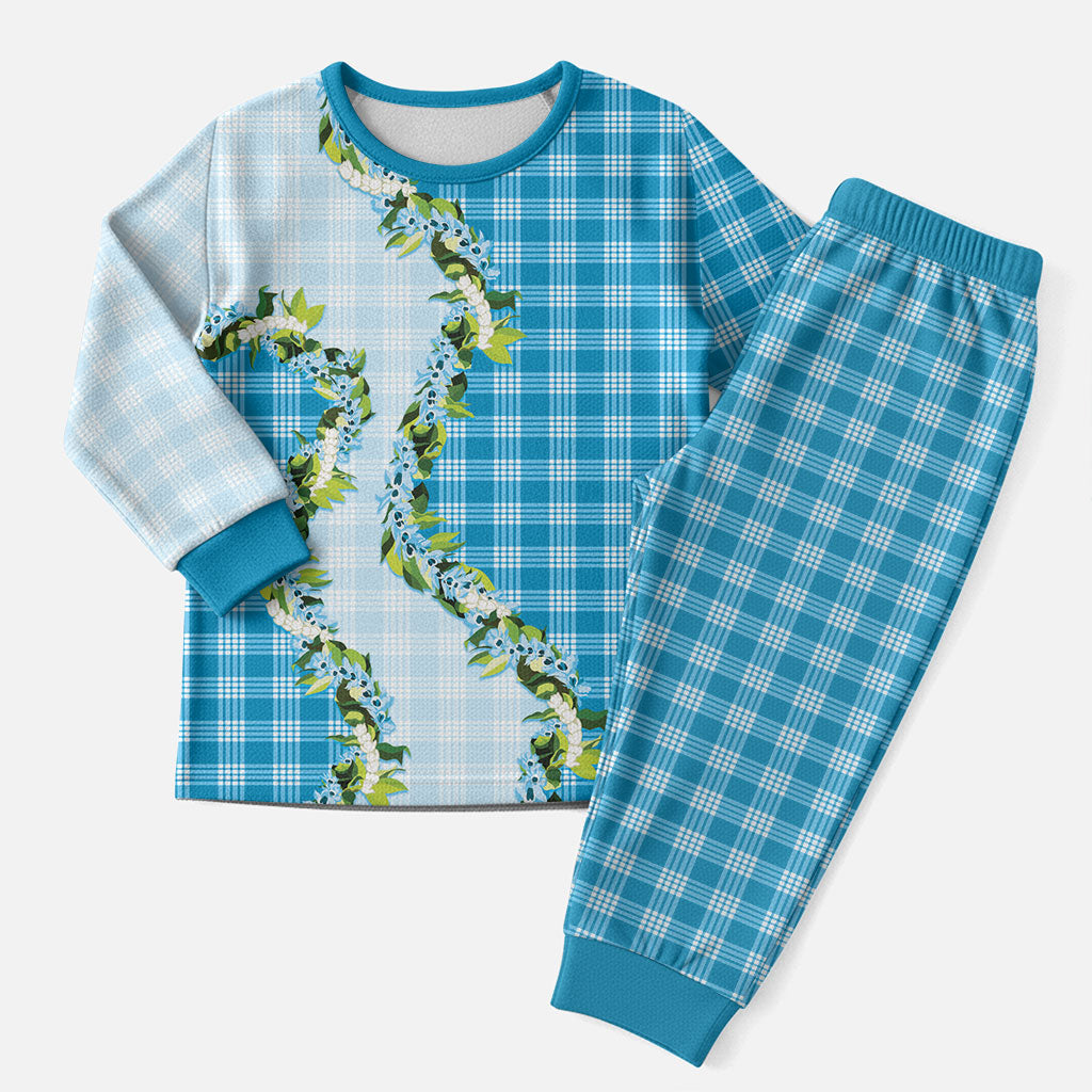 Blue Hawaii Palaka Christmas Pajama Set Maile Pikake Honohono Orchid Lei LT05 Men Blue - Polynesian Pride
