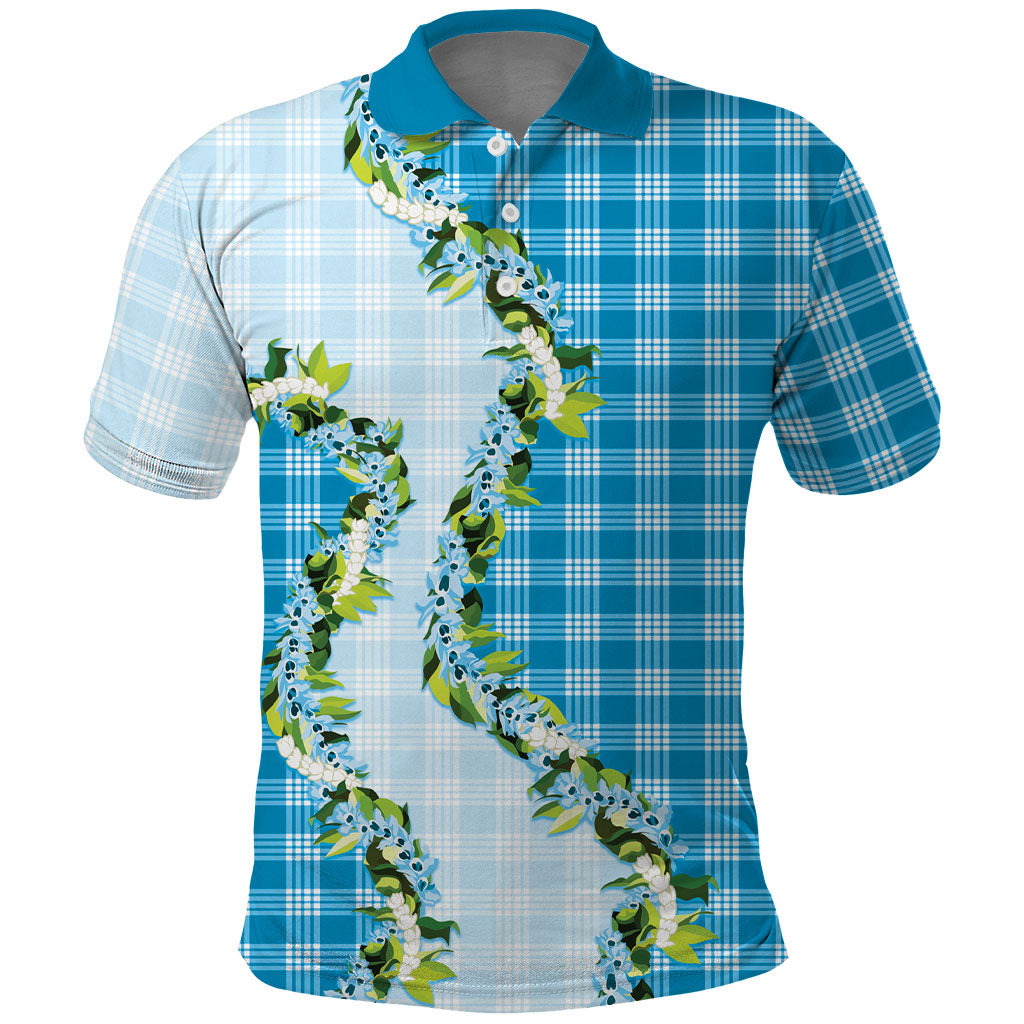 Blue Hawaii Palaka Polo Shirt Maile Pikake Honohono Orchid Lei LT05 Blue - Polynesian Pride