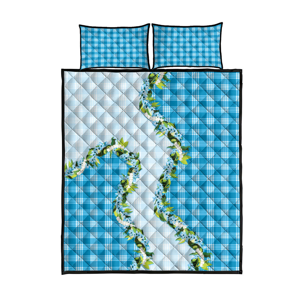Blue Hawaii Palaka Quilt Bed Set Maile Pikake Honohono Orchid Lei