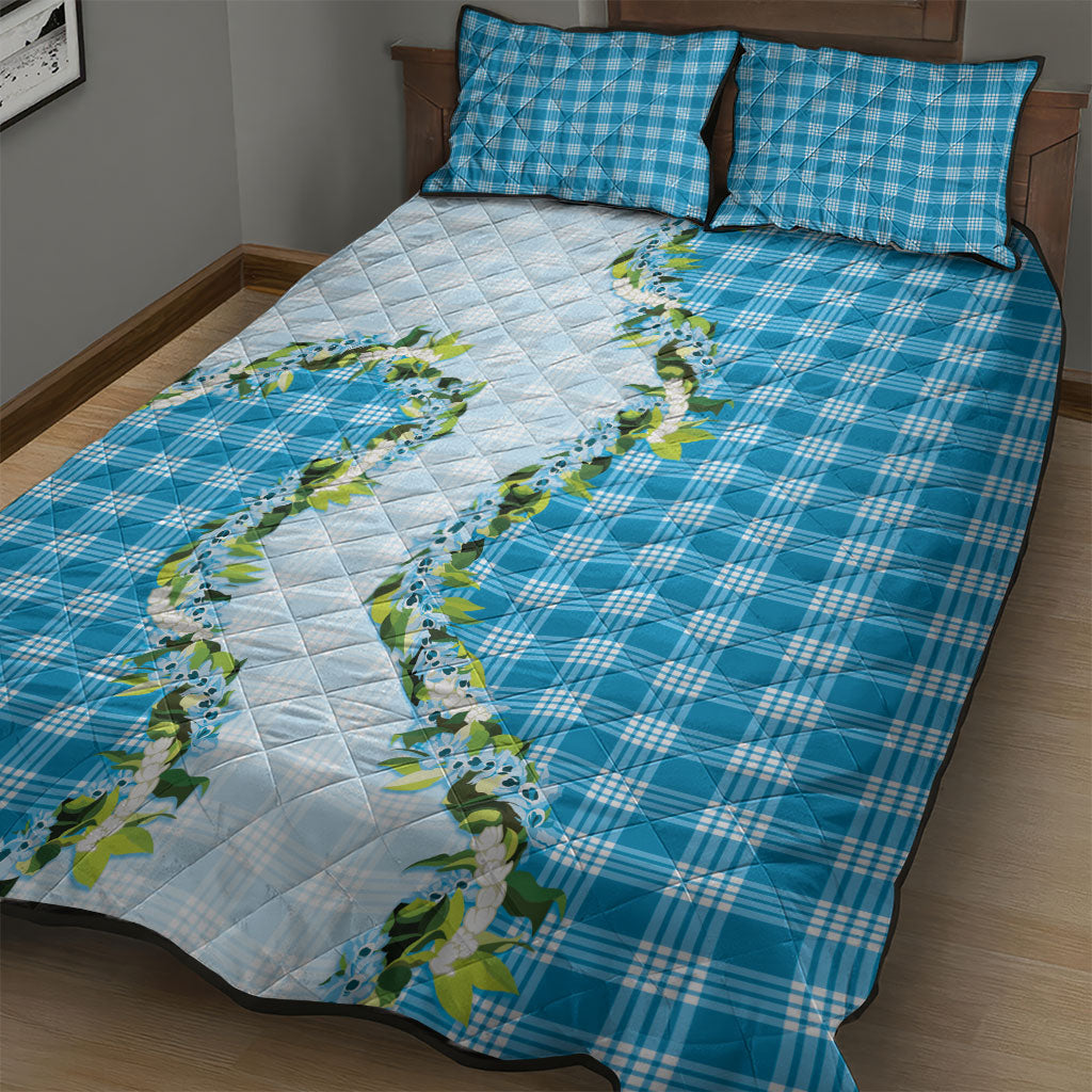 Blue Hawaii Palaka Quilt Bed Set Maile Pikake Honohono Orchid Lei