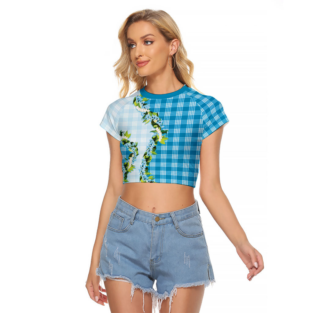 Blue Hawaii Palaka Raglan Cropped T Shirt Maile Pikake Honohono Orchid Lei LT05 Female Blue - Polynesian Pride