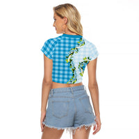 Blue Hawaii Palaka Raglan Cropped T Shirt Maile Pikake Honohono Orchid Lei LT05 - Polynesian Pride