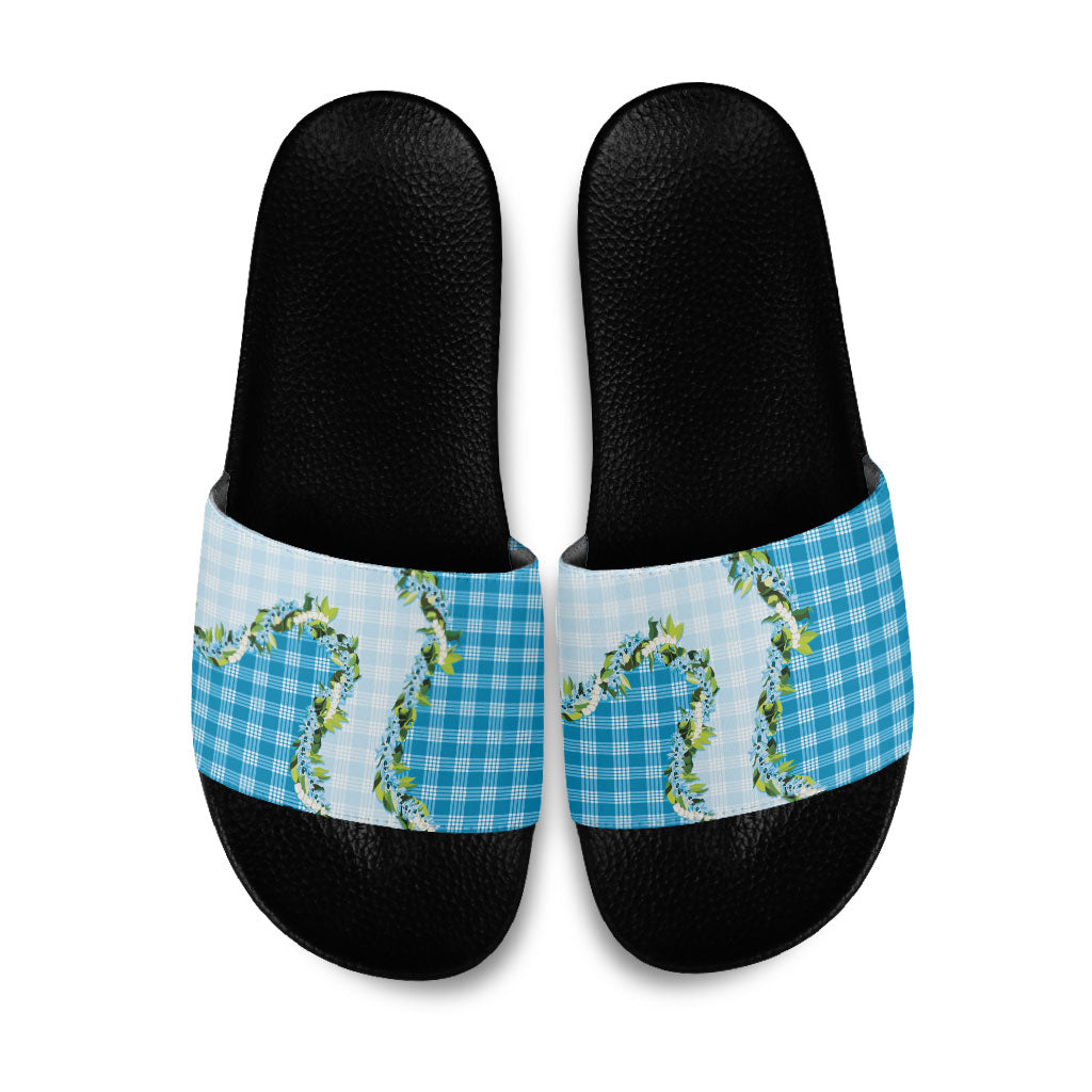 Blue Hawaii Palaka Slide Sandals Maile Pikake Honohono Orchid Lei LT05 Blue - Polynesian Pride