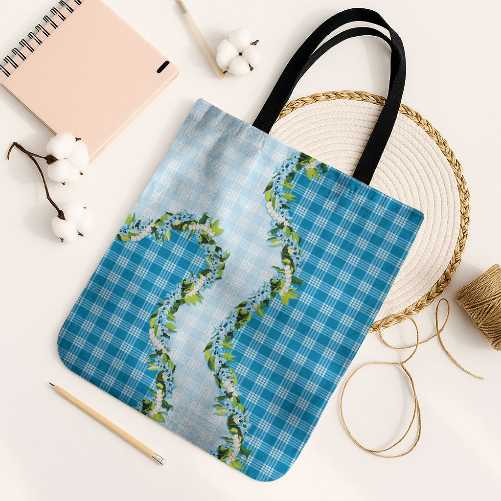 Blue Hawaii Palaka Tote Bag Maile Pikake Honohono Orchid Lei LT05 Black Strap One Size Blue - Polynesian Pride