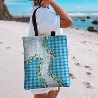 Blue Hawaii Palaka Tote Bag Maile Pikake Honohono Orchid Lei