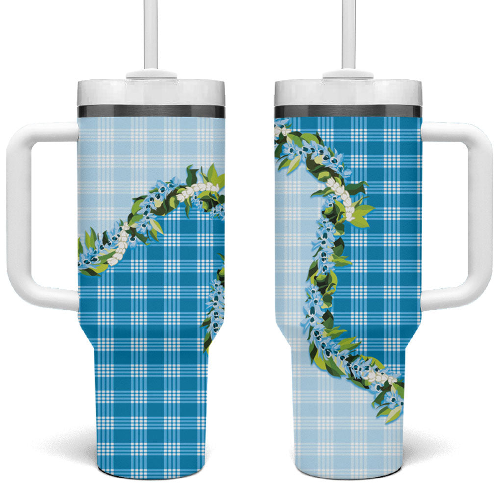 Blue Hawaii Palaka Tumbler With Handle Maile Pikake Honohono Orchid Lei LT05 One Size: 40 oz Blue - Polynesian Pride