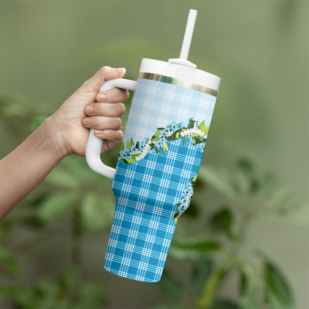 Blue Hawaii Palaka Tumbler With Handle Maile Pikake Honohono Orchid Lei LT05 - Polynesian Pride